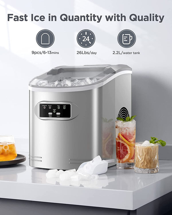 Ice Maker Machine Countertop, 26 lbs in 24 Hours, 9 Cubes Ready in 6 Mins, Self-Clean Ice Maker Compact Portable Ice Maker with Ice Scoop and Basket, Silver Gray