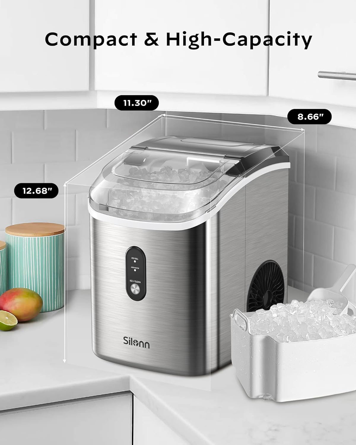 Nugget Countertop Ice Maker - Chewable Pellet Ice Machine with Self-Cleaning Function, 33lbs/24H, Sonic Ice Makers for Home Kitchen Office, Stainless Steel