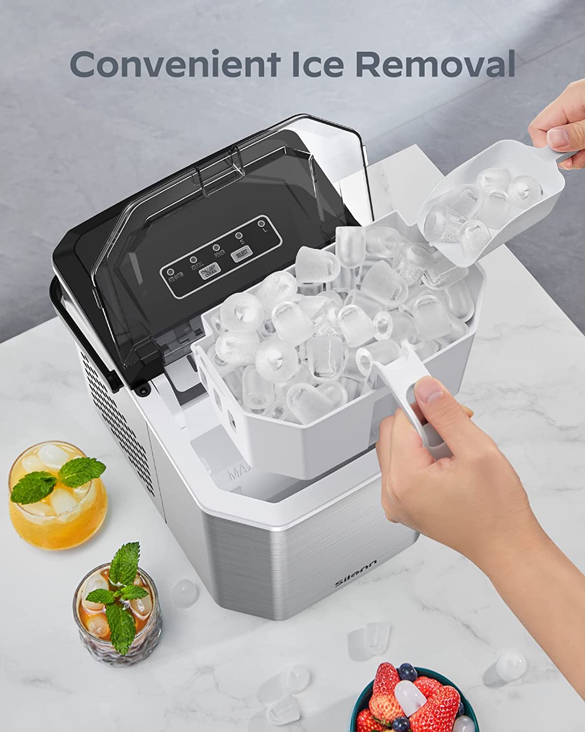 Ice Maker Countertop, Stainless Steel Portable Ice Machine with Carry Handle, Self-Cleaning Ice Makers with Basket and Scoop, 9 Cubes in 6 Mins, 26 lbs per Day