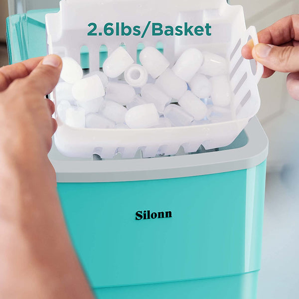 Silonn Ice Makers Countertop, 26lbs in 24Hrs, 9 Cubes Ready in 6 Mins, Self-Cleaning Ice Machine with Ice Scoop and Basket, 2 Sizes of Bullet Ice for Office Bar Party, Green