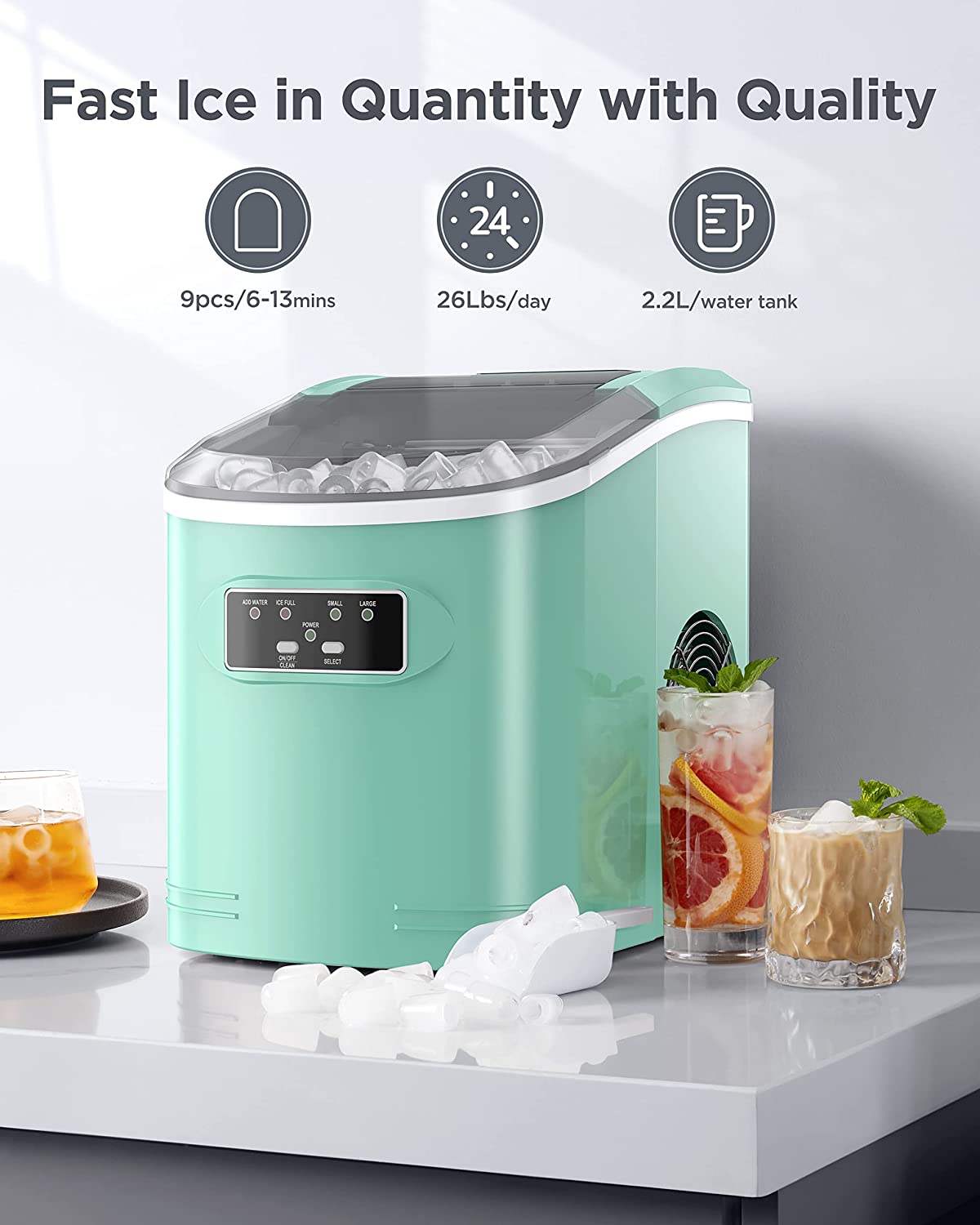 Ice Maker Machine Countertop, 26 lbs in 24 Hours, 9 Cubes Ready in 6 Mins, Self-Clean Ice Maker Compact Portable Ice Maker with Ice Scoop and Basket, Green