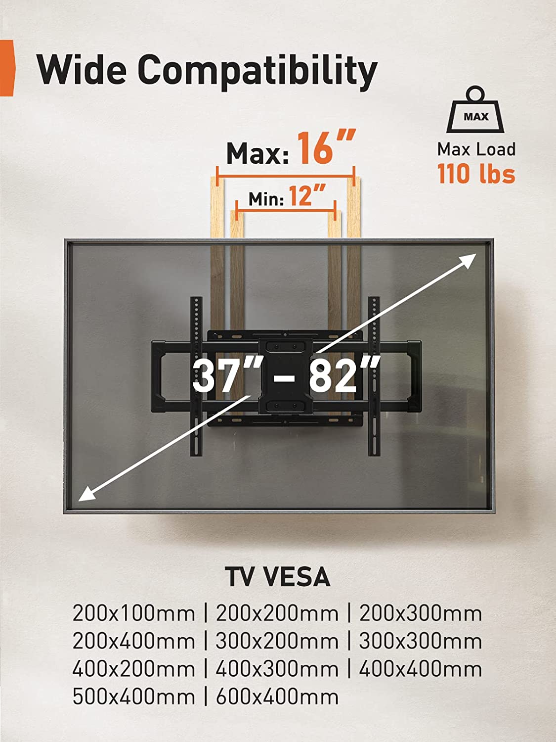 UL Listed Full Motion TV Wall Mount for Most 37–82 inch Flat Curved TVs up to 110 lbs, 12″/16″ Wood Studs, TV Mount Bracket with Articulating Arms, Swivel, Tool-Free Tilt, Max VESA 600x400mm