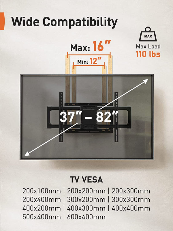 UL Listed Full Motion TV Wall Mount for Most 37–82 inch Flat Curved TVs up to 110 lbs, 12″/16″ Wood Studs, TV Mount Bracket with Articulating Arms, Swivel, Tool-Free Tilt, Max VESA 600x400mm