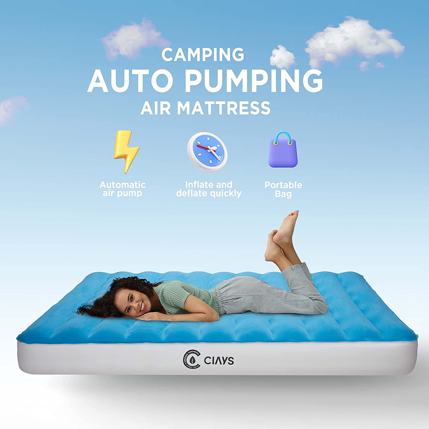 Air Mattress with Built-in Pump, Elevated Blow Up Mattress with Carrying Bag for Home and Camping, Flocked Top Inflatable Air Bed for Guests, Family