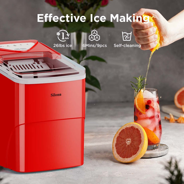 Ice Makers Countertop, 9 Cubes Ready in 6 Mins, 26lbs in 24Hrs, Self-Cleaning Ice Machine with Ice Scoop and Basket, 2 Sizes of Bullet Ice for Home Kitchen Office Bar Party Red