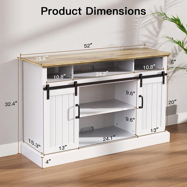 White TV Stand for up to 65 inch TVs, White Entertainment Center with Large Storage Space, Adjustable Shelves & Cable Management, Sliding Barn Door TV Stand Holds up to 200 lbs, PIWTS02W