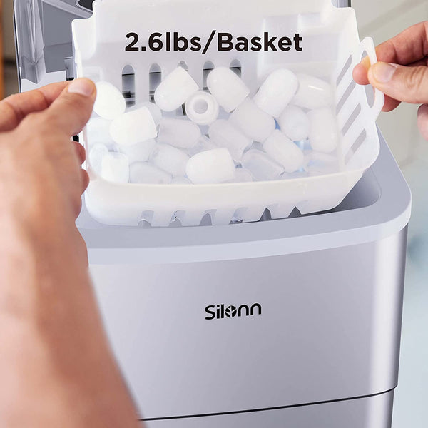 Ice Makers Countertop, 9 Cubes Ready in 6 Mins, 26lbs in 24Hrs, Self-Cleaning Ice Machine with Ice Scoop and Basket, 2 Sizes of Bullet Ice for Home Kitchen Office Bar Party Silver