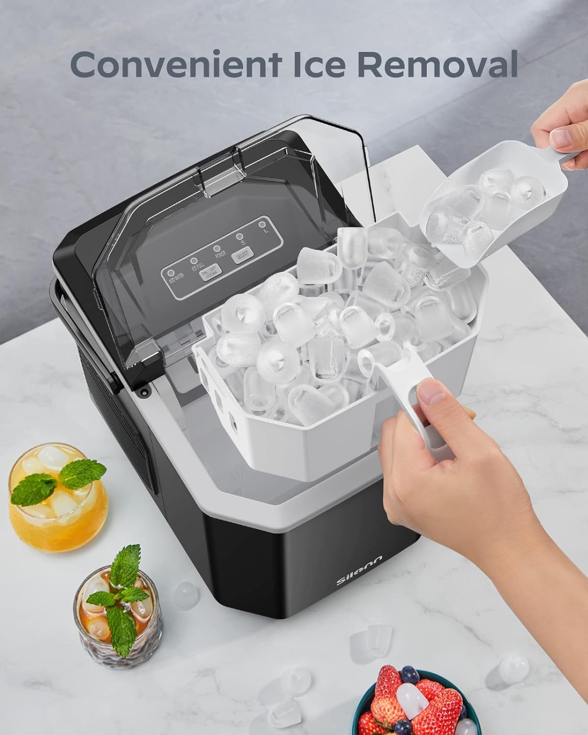 Ice Maker Countertop, Portable Ice Machine with Carry Handle, Self-Cleaning Ice Makers with Basket and Scoop, 9 Cubes in 6 Mins, 26 lbs per Day, Ideal for Home, Kitchen, Camping, RV