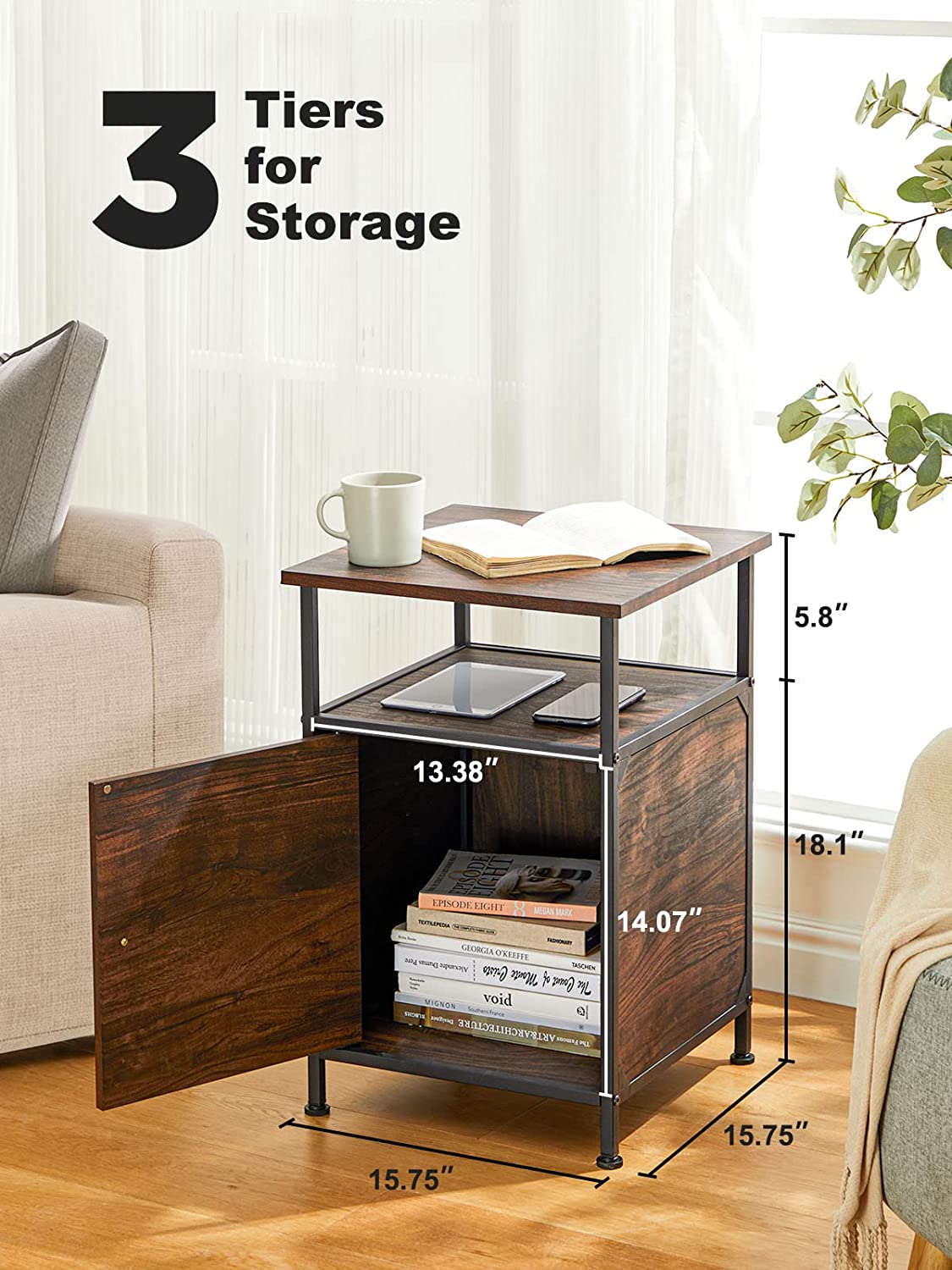 Nightstand, End Table Side Table with Storage Cabinet and 2-Tier Open Shelf, Rustic Nightstand with Full Metal Frame, End Table with Storage for Bedroom, PIET07WN