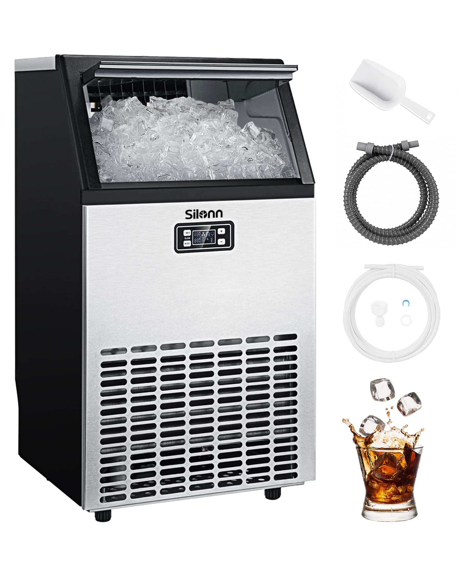 Commercial Ice Maker Machine, Creates 100lbs in 24H, 33lbs Ice Storage Capacity, Stainless Steel Freestanding Ice Maker with Auto Self-Cleaning for Home Office Bar Parties (SLIM11)