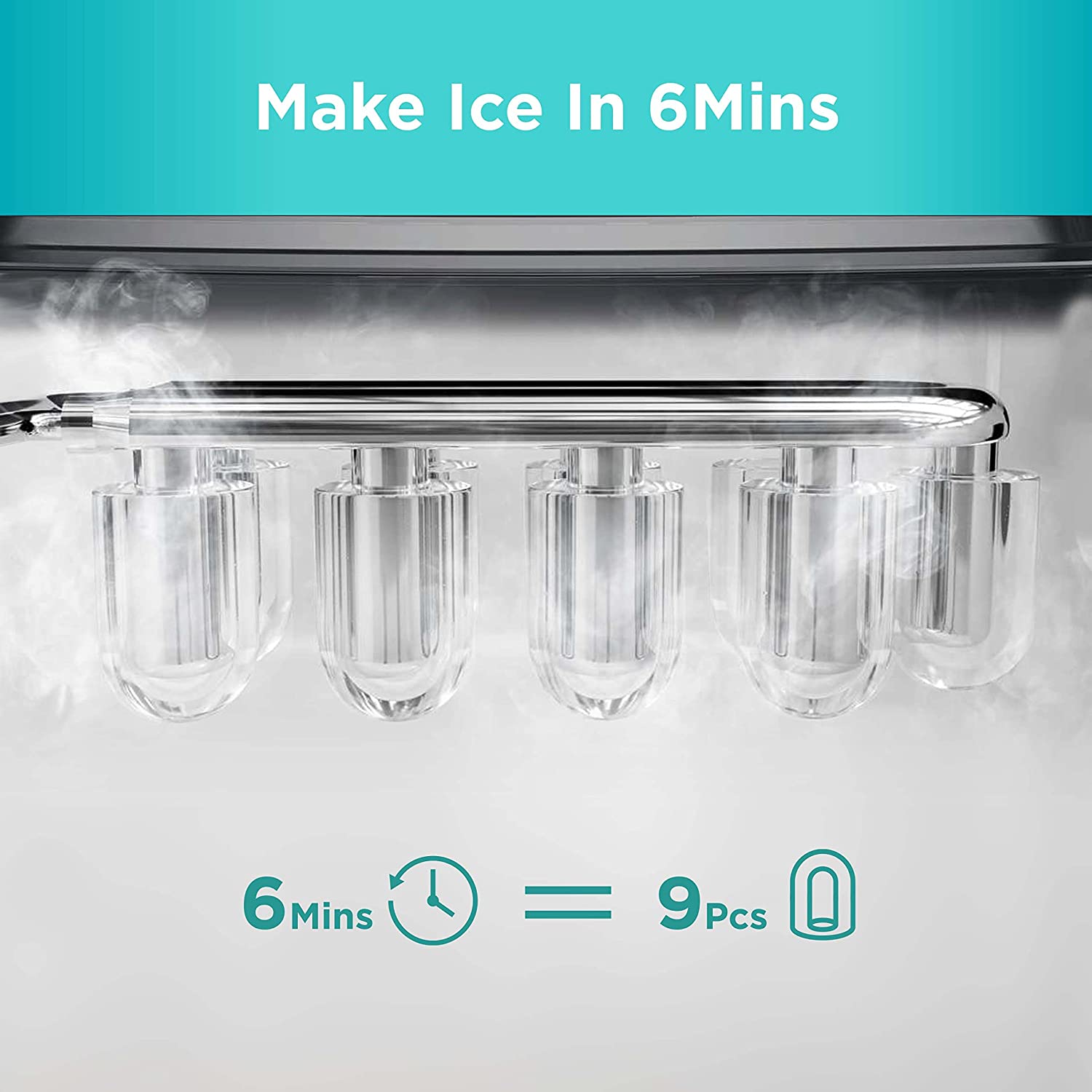 Ice Makers Countertop, 9 Cubes Ready in 6 Mins, 26lbs in 24Hrs, Self-Cleaning Ice Machine with Ice Scoop and Basket, 2 Sizes of Bullet Ice for Home Kitchen Office Bar Party Green