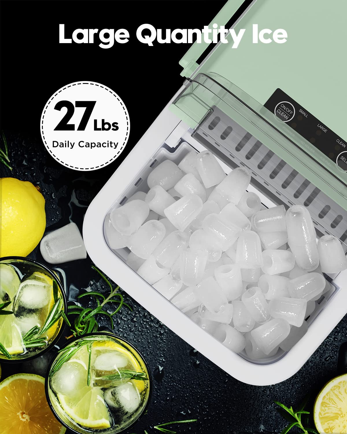 Countertop Ice Maker Machine with Handle, Portable Ice Makers, Makes up to 27 lbs. of Ice Per Day, 9 Cubes in 7 Mins, Ice Maker with Ice Scoop and Basket, Green, 12 x 9 x 12 inches (SLIM06)