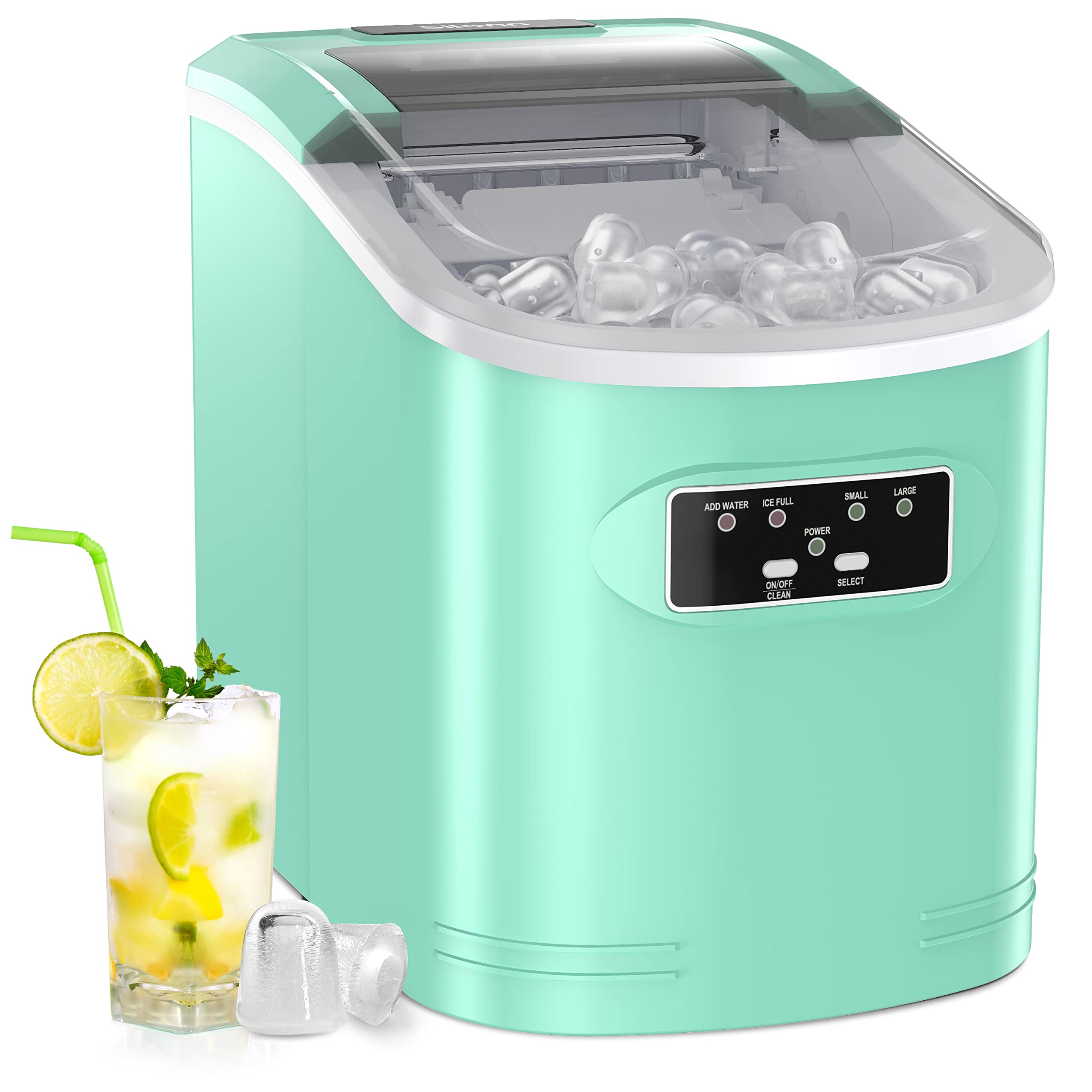 Ice Maker Machine Countertop, 26 lbs in 24 Hours, 9 Cubes Ready in 6 Mins, Self-Clean Ice Maker Compact Portable Ice Maker with Ice Scoop and Basket, Green