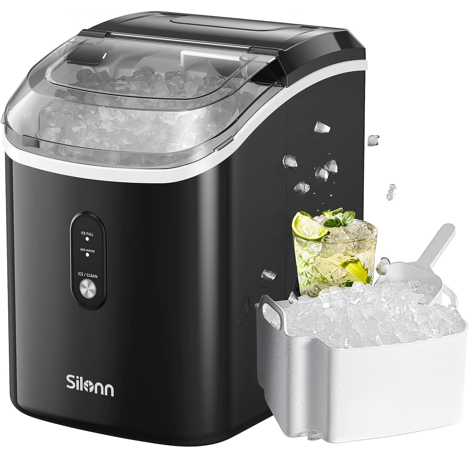 Nugget Countertop Ice Maker -Chewable Pellet Ice Machine with Self-Cleaning Function, 33lbs/24H, Sonic Ice Makers for Home Kitchen Office, Black