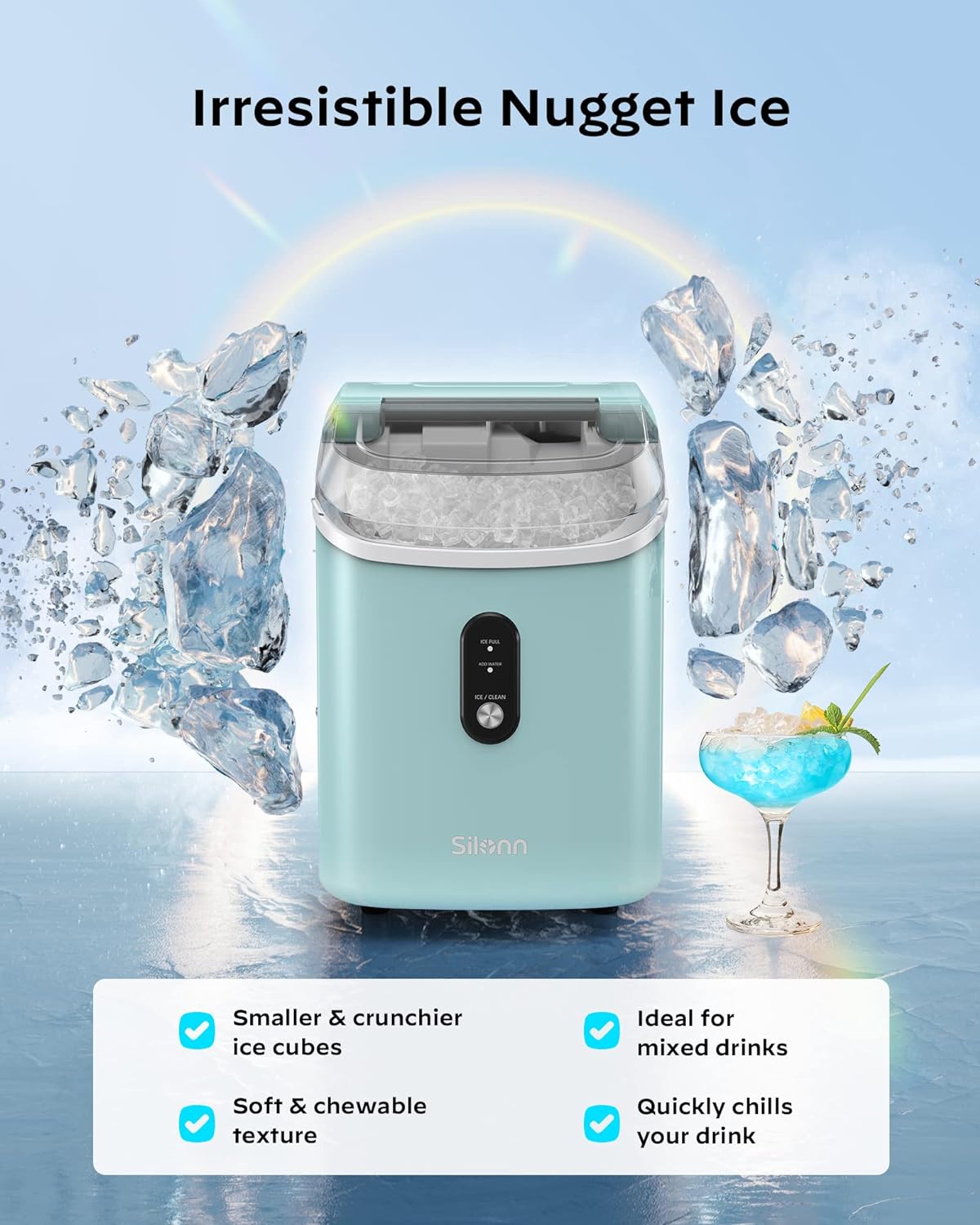 Nugget Ice Maker Countertop - Pebble Ice Maker Machine with Self-Cleaning Function, 33lbs/24H, Ice Makers for Home/Kitchen/Office, Green