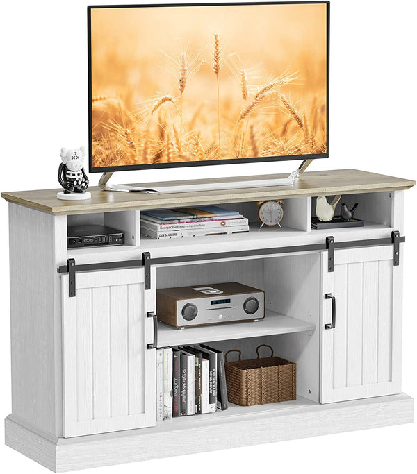 White TV Stand for up to 65 inch TVs, White Entertainment Center with Large Storage Space, Adjustable Shelves & Cable Management, Sliding Barn Door TV Stand Holds up to 200 lbs, PIWTS02W