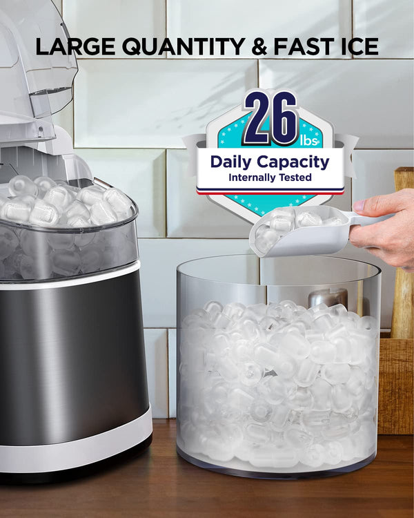 Ice Maker Machine for Countertop, 9 Cubes Ready in 6 Mins, 26lbs in 24Hrs, Self-Cleaning Ice Machine with Ice Scoop & Basket, 2 Sizes of Bullet Ice for Home Kitchen, Gray (WSIM03)