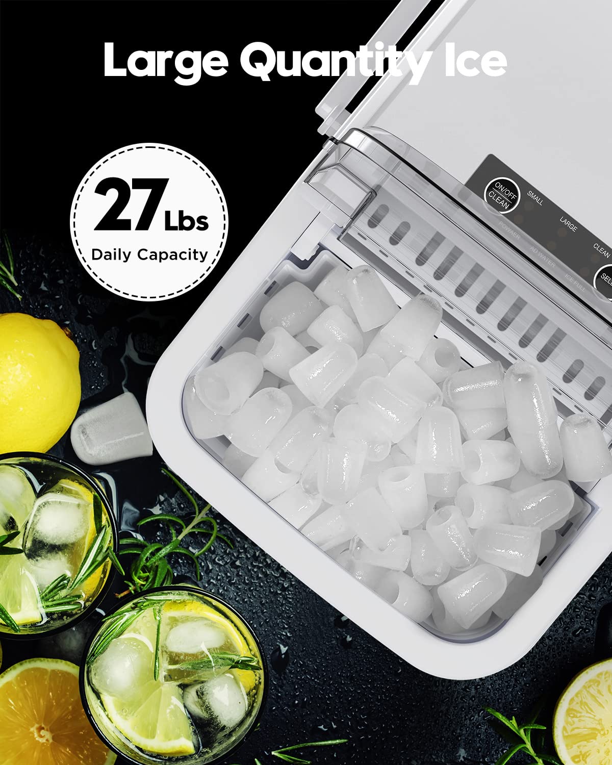 Countertop Ice Maker Machine with Handle, Portable Makers Countertop, Makes up to 27 lbs. of Per Day, 9 Cubes in 7 Mins, Self-Cleaning Scoop and Basket, White, 12 x 9 x 12 inches