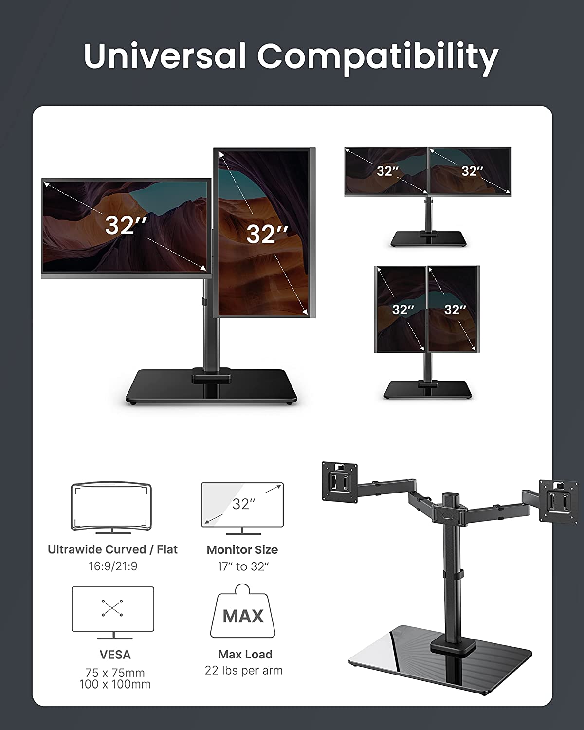 Freestanding Dual Monitor Stand, Monitor Mounts for 13 to 32 inches Computer Screens, Dual Monitor Arm with Tempered Glass Base for 2 Monitors, Vesa Mount Fits Up to 22 lbs per Arm