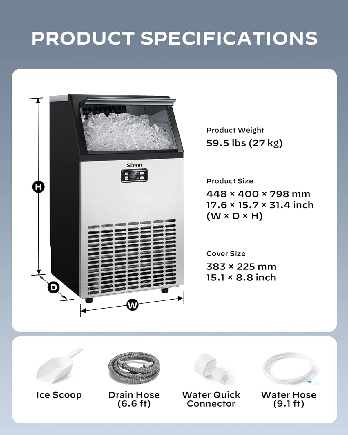 Commercial Ice Maker Machine, Creates 100lbs in 24H, 33lbs Ice Storage Capacity, Stainless Steel Freestanding Ice Maker with Auto Self-Cleaning for Home Office Bar Parties (SLIM11)