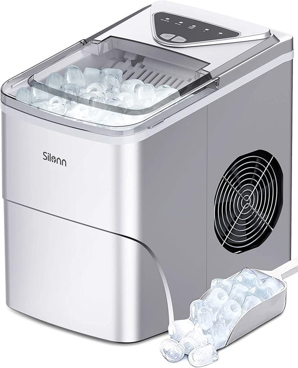 Ice Makers Countertop, 9 Cubes Ready in 6 Mins, 26lbs in 24Hrs, Self-Cleaning Ice Machine with Ice Scoop and Basket, 2 Sizes of Bullet Ice for Home Kitchen Office Bar Party Silver