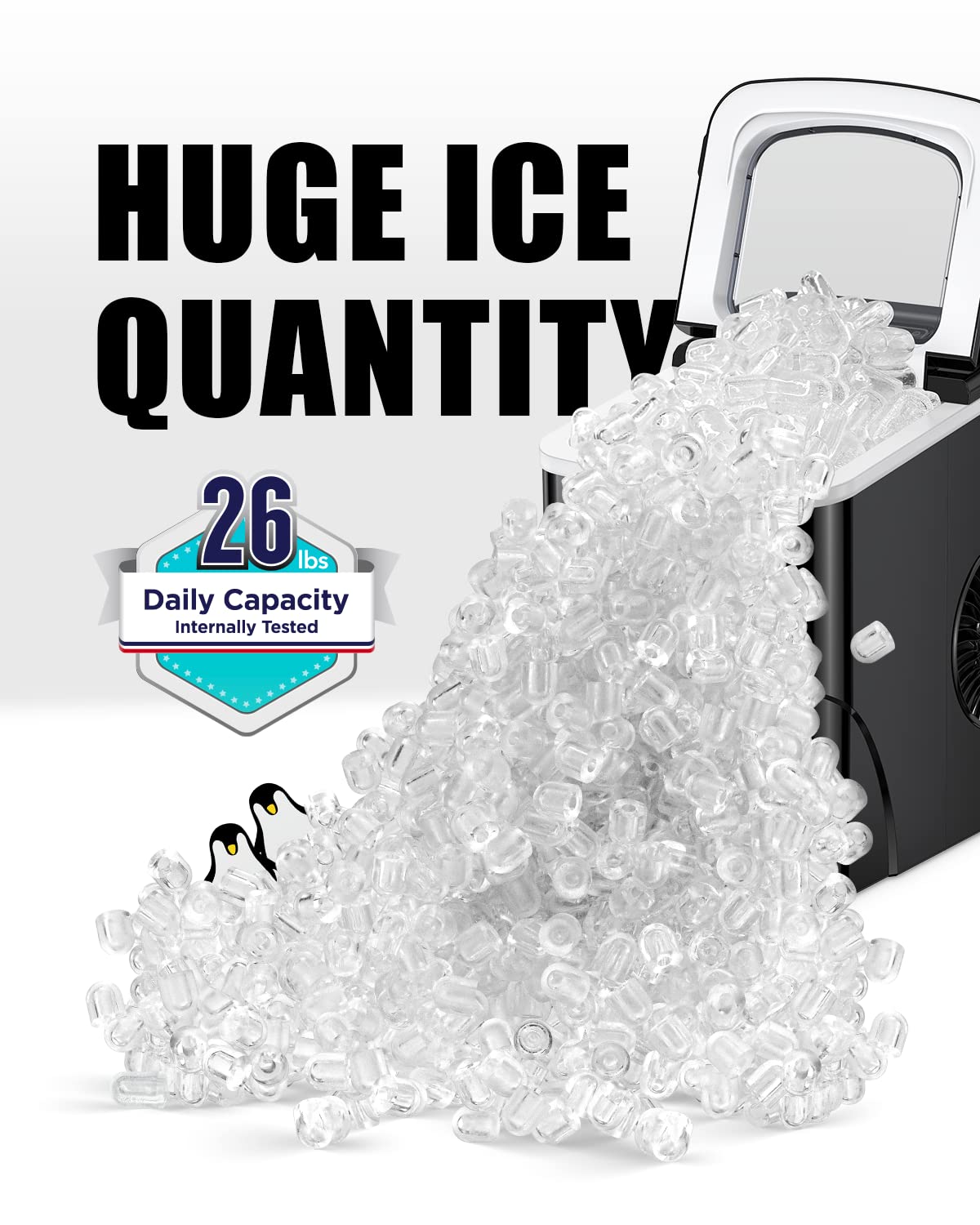 Ice Maker Machine for Countertop, 9 Bullet Ice Cubes Ready in 6 Minutes, 26lbs in 24Hrs Portable Ice Maker Machine Self-Cleaning, 2 Sizes of Bullet-Shaped Ice for Home Kitchen Office Bar Party Black