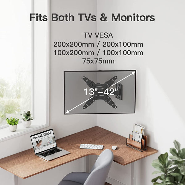 Full Motion TV Mount for Most 13–42 inch Flat or Curved TVs & Monitors, Wall Mount TV Bracket with Articulating Arm, Rotation, Swivel, Tilt, Extension, Max VESA 200x200mm up to 33 lbs, PISF4