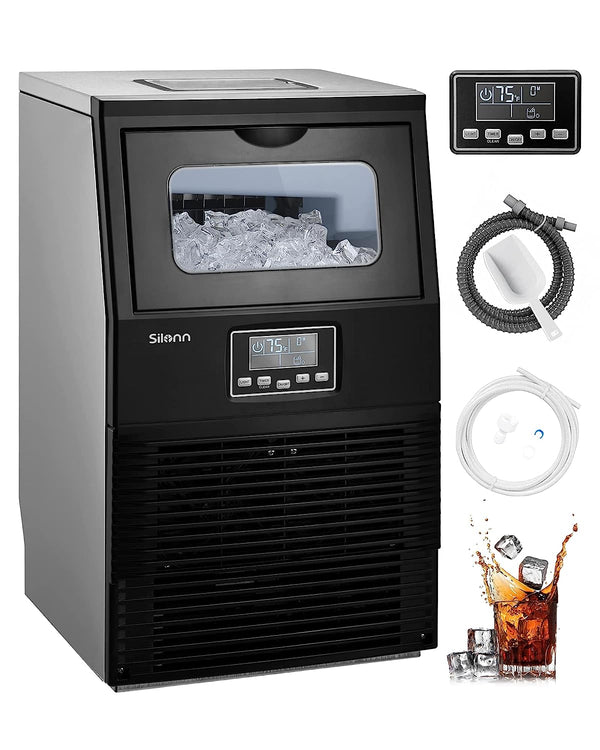 Commercial Ice Maker Machine, 90LBS/24H with 30lbs Bin, Full Heavy Duty Stainless Steel Construction, Self-Cleaning, Clear Cube for Home Bar, Include Connection Hose, Scoop