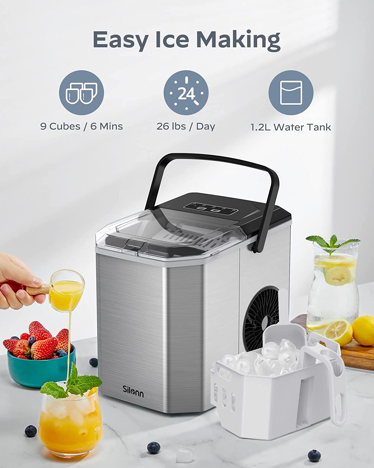 Ice Maker Countertop, Stainless Steel Portable Ice Machine with Carry Handle, Self-Cleaning Ice Makers with Basket and Scoop, 9 Cubes in 6 Mins, 26 lbs per Day