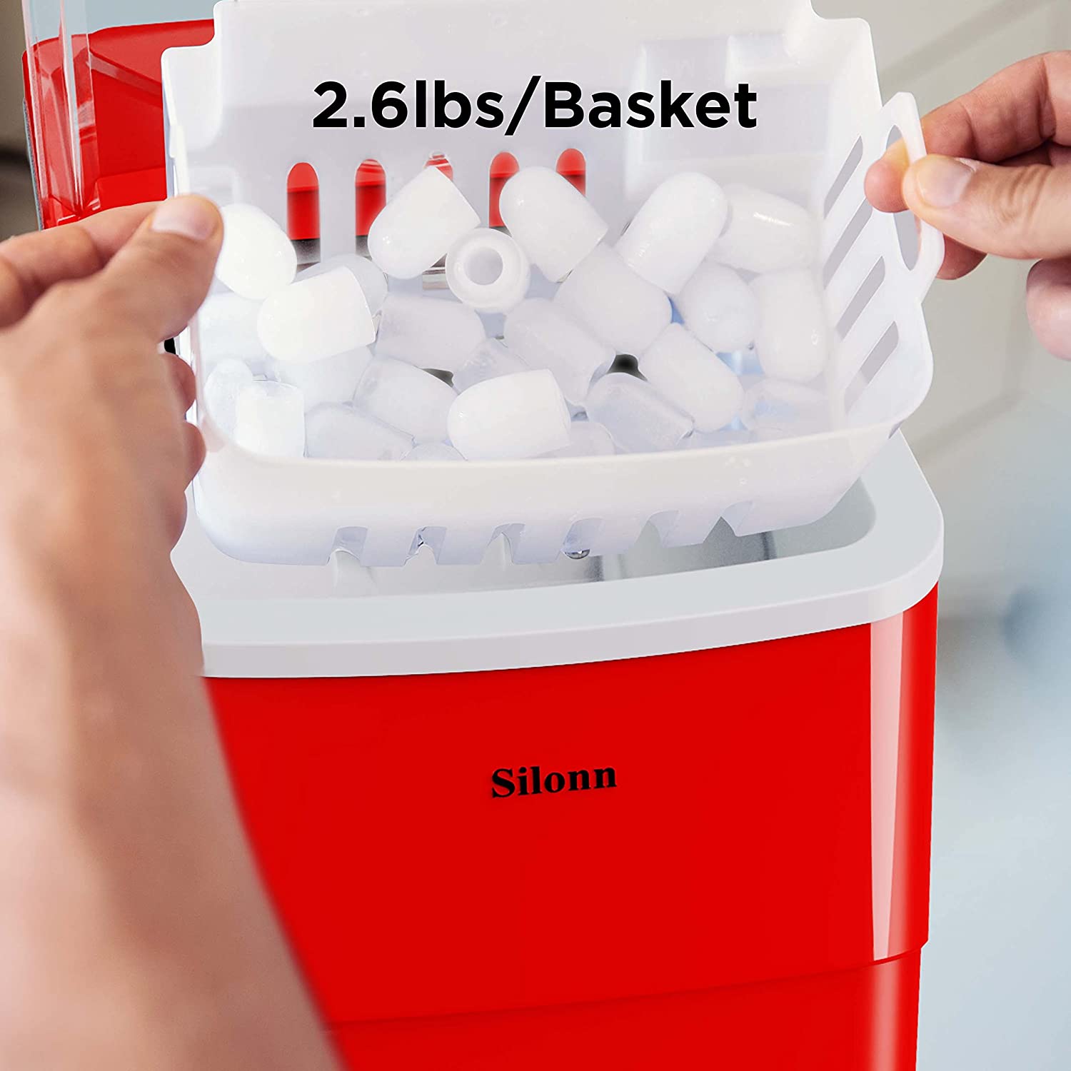 Ice Makers Countertop, 9 Cubes Ready in 6 Mins, 26lbs in 24Hrs, Self-Cleaning Ice Machine with Ice Scoop and Basket, 2 Sizes of Bullet Ice for Home Kitchen Office Bar Party Red