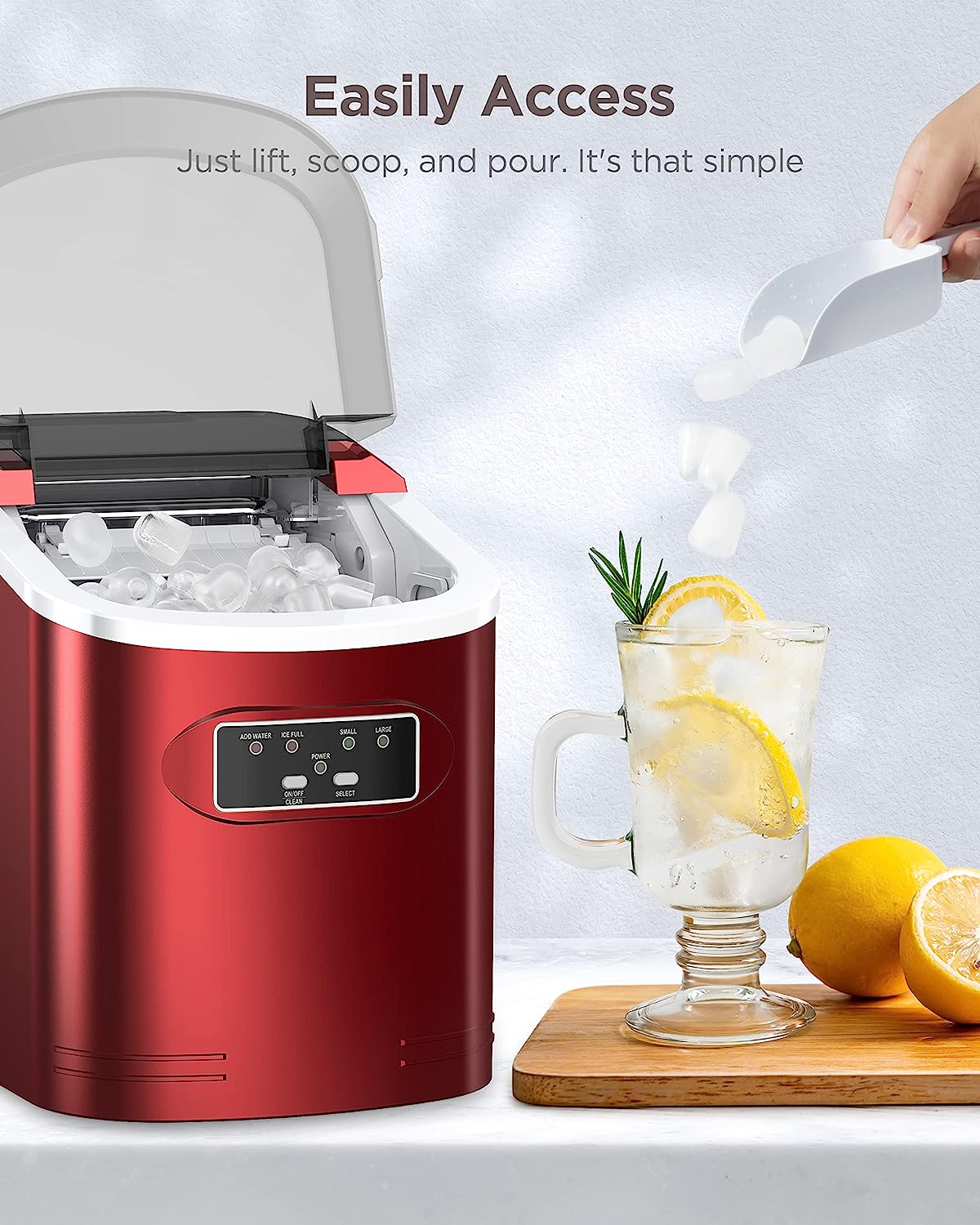 Ice Maker Machine Countertop, 26 lbs in 24 Hours, 9 Cubes Ready in 6 Mins, Self-Clean Ice Maker Compact Portable Ice Maker with Ice Scoop and Basket, Red