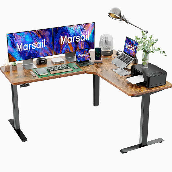 Standing Desk Adjustable Height with 4-in 1 Electical Outlet, L Shaped Electric Standing Desk with Headphone Hook, Stand up Desk for Home Office Sturdy Writing Workstation Rustic 63*28 Inch