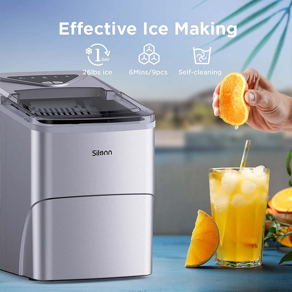 Ice Makers Countertop, 9 Cubes Ready in 6 Mins, 26lbs in 24Hrs, Self-Cleaning Ice Machine with Ice Scoop and Basket, 2 Sizes of Bullet Ice for Home Kitchen Office Bar Party Silver