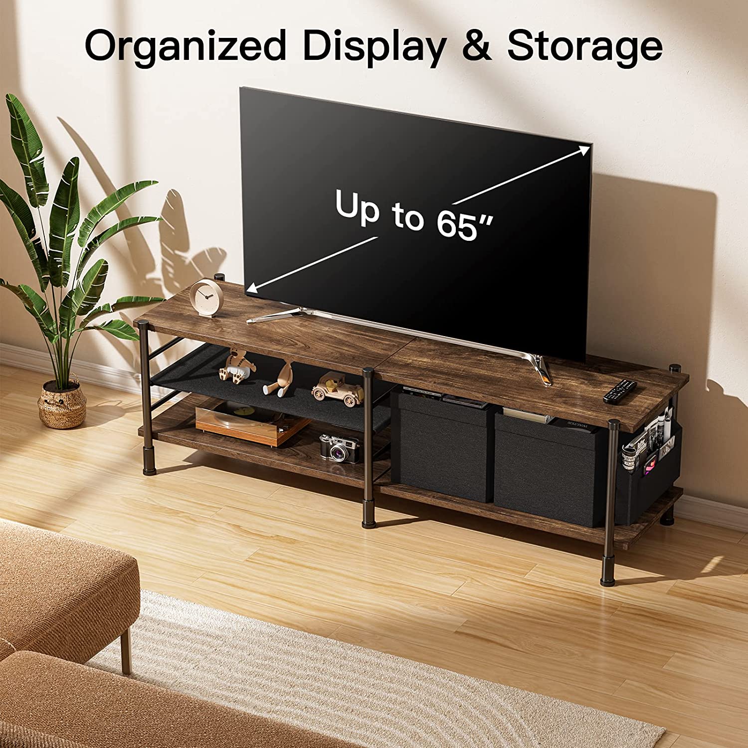 TV Stand with Storage for TV up to 65 Inch, TV Console with Side Pocket & Detachable Fabric Drawers,Television Stand with 3-Tier Open Storage Shelves & Metal Frame for Living Room, PIRTS01WN