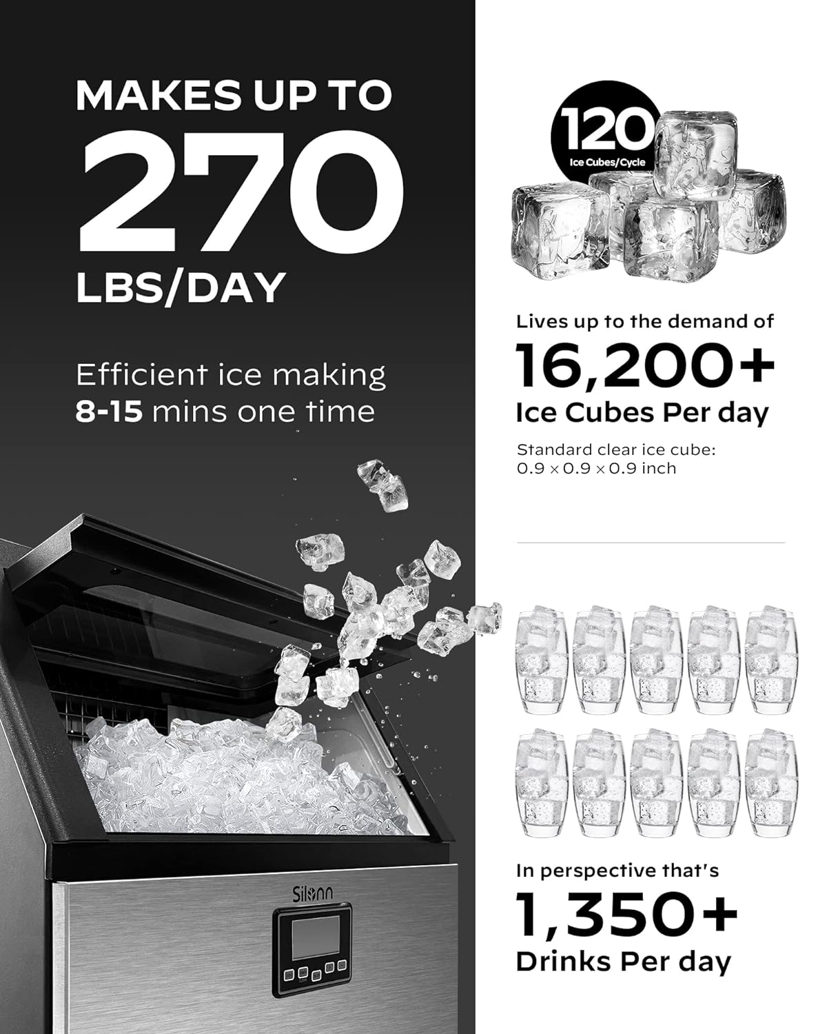 Commercial Ice Maker, Creates 200lbs in 24H, 48lbs Ice Storage Capacity, Stainless Steel Freestanding Ice Maker Machine with Auto Self-Cleaning for Home Office Bar Parties (SLIM13T)