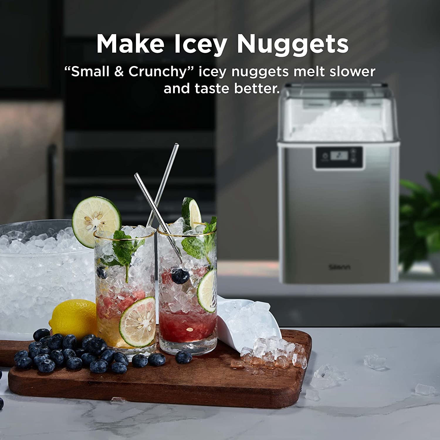 Countertop Nugget Ice Maker, Pebble Ice Maker Machine, 44lbs of Ice Per Day, Automatic Timer & Self-Cleaning, Pellet Ice Maker for Home Office Bar Party