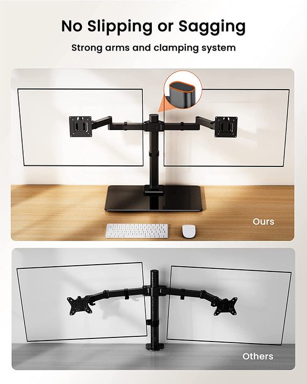 Freestanding Dual Monitor Stand, Monitor Mounts for 13 to 32 inches Computer Screens, Dual Monitor Arm with Tempered Glass Base for 2 Monitors, Vesa Mount Fits Up to 22 lbs per Arm