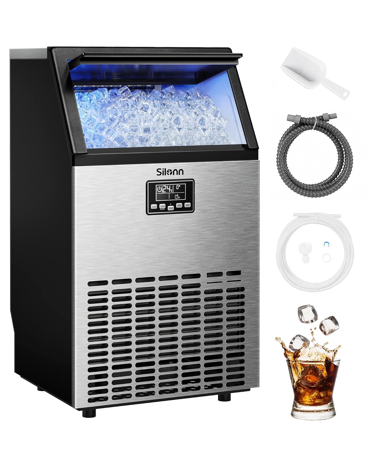 Commercial Ice Maker, Creates 150lbs in 24H, 33lbs Ice Storage Capacity, Stainless Steel Freestanding Ice Maker Machine with Auto Self-Cleaning for Home Office Bar Parties (SLIM12T)