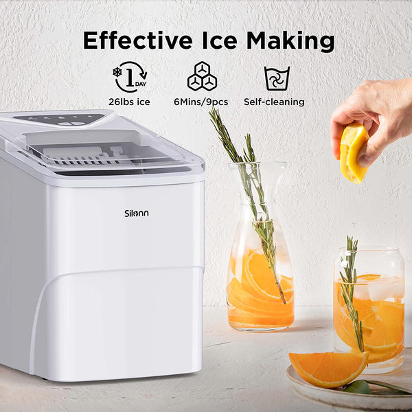 Ice Makers Countertop 9 Bullet Ice Cubes Ready in 6 Minutes, 26lbs in 24Hrs Portable Ice Maker Machine Self-Cleaning, 2 Sizes of Bullet-Shaped Ice for Home Kitchen Office Bar Party, White