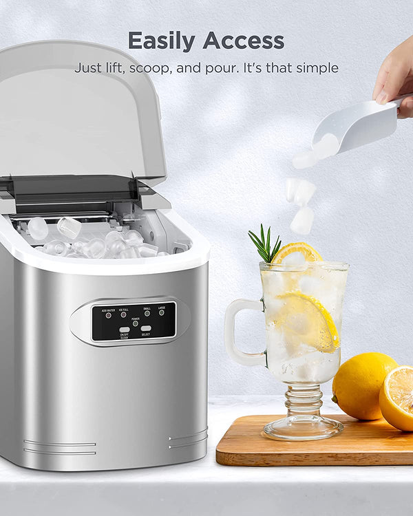 Ice Maker Machine Countertop, 26 lbs in 24 Hours, 9 Cubes Ready in 6 Mins, Self-Clean Ice Maker Compact Portable Ice Maker with Ice Scoop and Basket, Silver Gray