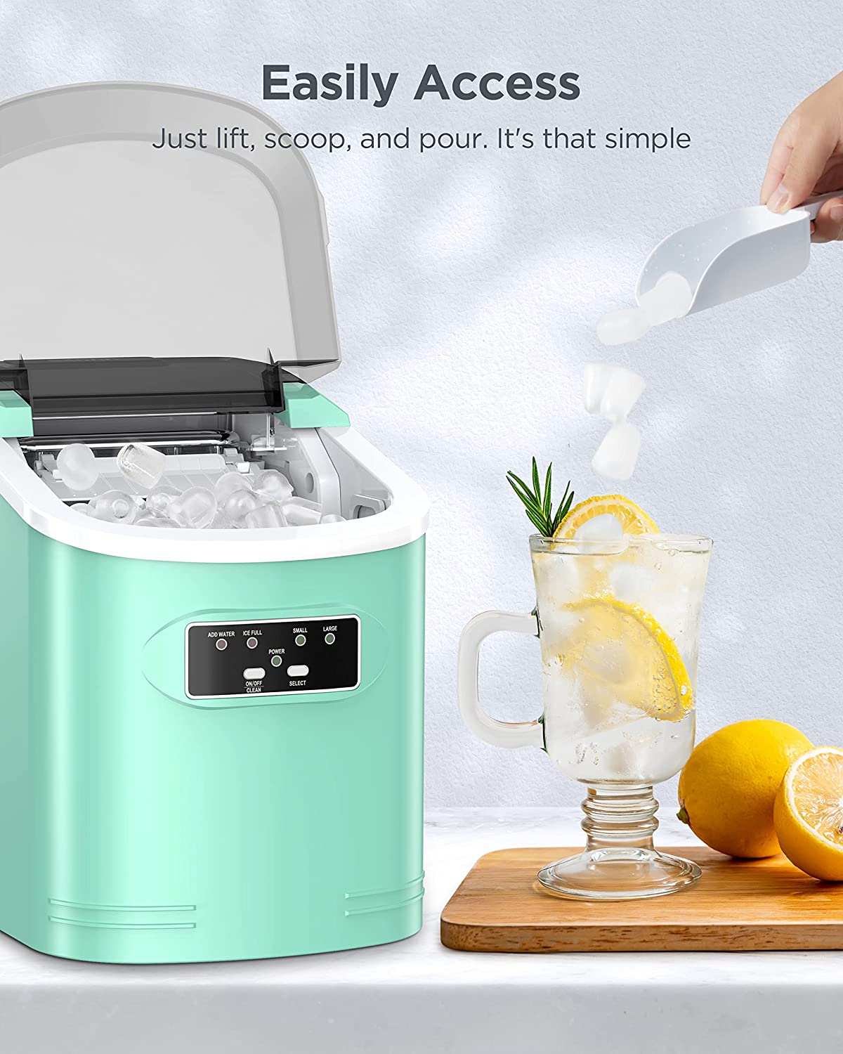 Ice Maker Machine Countertop, 26 lbs in 24 Hours, 9 Cubes Ready in 6 Mins, Self-Clean Ice Maker Compact Portable Ice Maker with Ice Scoop and Basket, Green