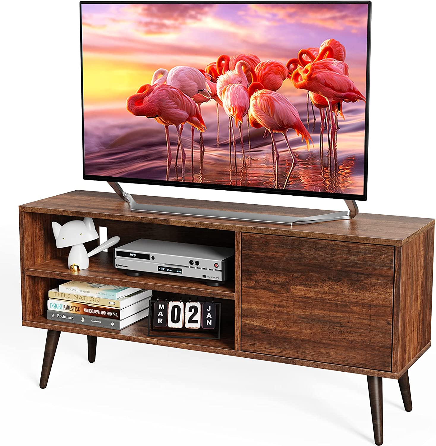 TV Console Table with Storage for TV up to 55 in, Retro TV Stand for Media Cable Box Gaming Consoles,Mid Century Modern TV Stand & Entertainment Center Wood TV Stand for Living Room Bedroom,APRTS01B Rustic Brown