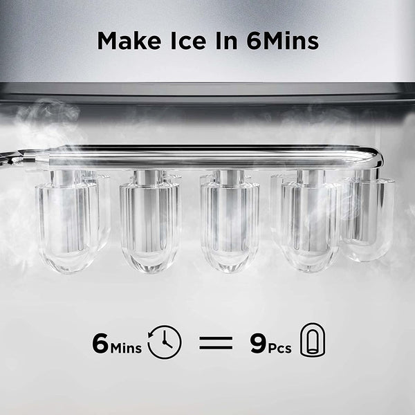 Ice Makers Countertop, 9 Cubes Ready in 6 Mins, 26lbs in 24Hrs, Self-Cleaning Ice Machine with Ice Scoop and Basket, 2 Sizes of Bullet Ice for Home Kitchen Office Bar Party Silver