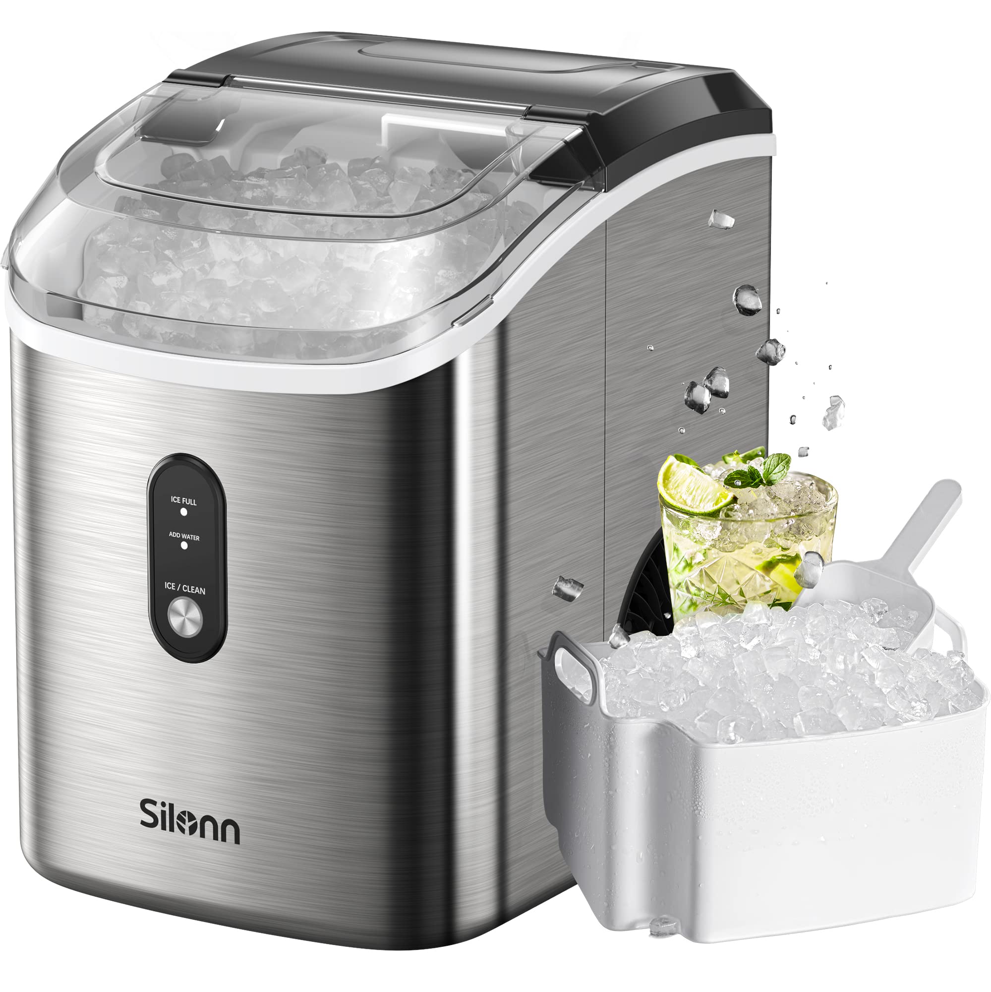 Nugget Countertop Ice Maker - Chewable Pellet Ice Machine with Self-Cleaning Function, 33lbs/24H, Sonic Ice Makers for Home Kitchen Office, Stainless Steel